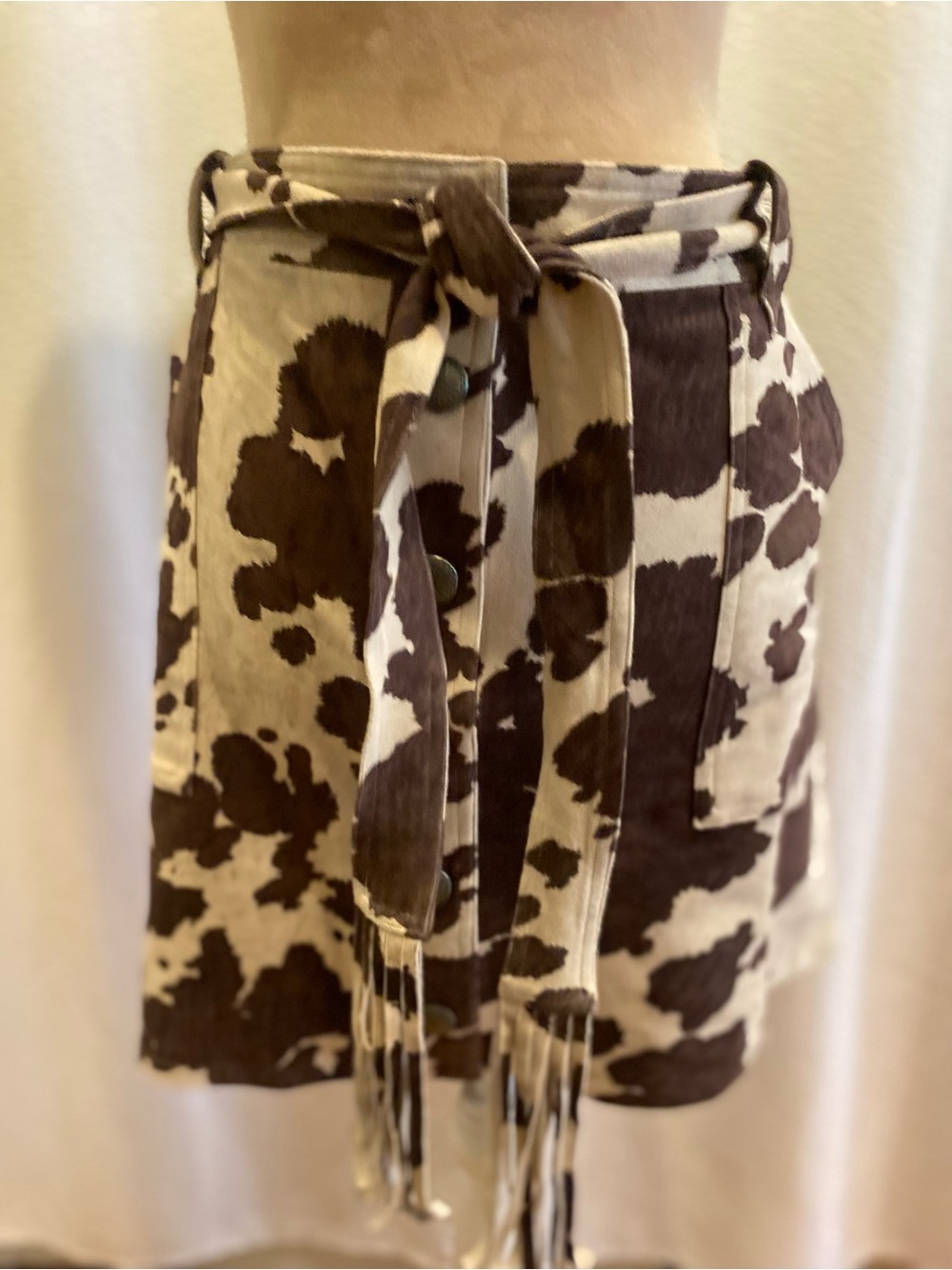 Shyanne Cow-Print Fringe Tie-Waist Skirt - Brown and Cream